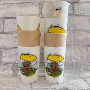 Set Of 7 Vintage Deka Inc 5” Rainy Day Bear Glass Cup Made In USA